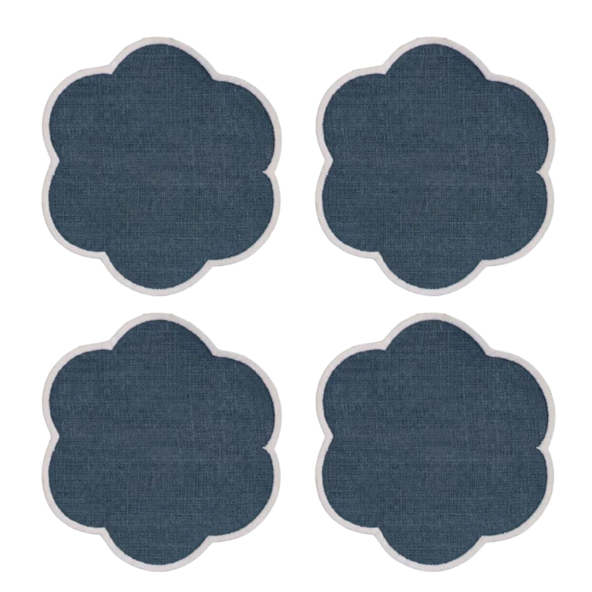 Scalloped Linen Coasters in Peacock Blue & White (Set of 4)