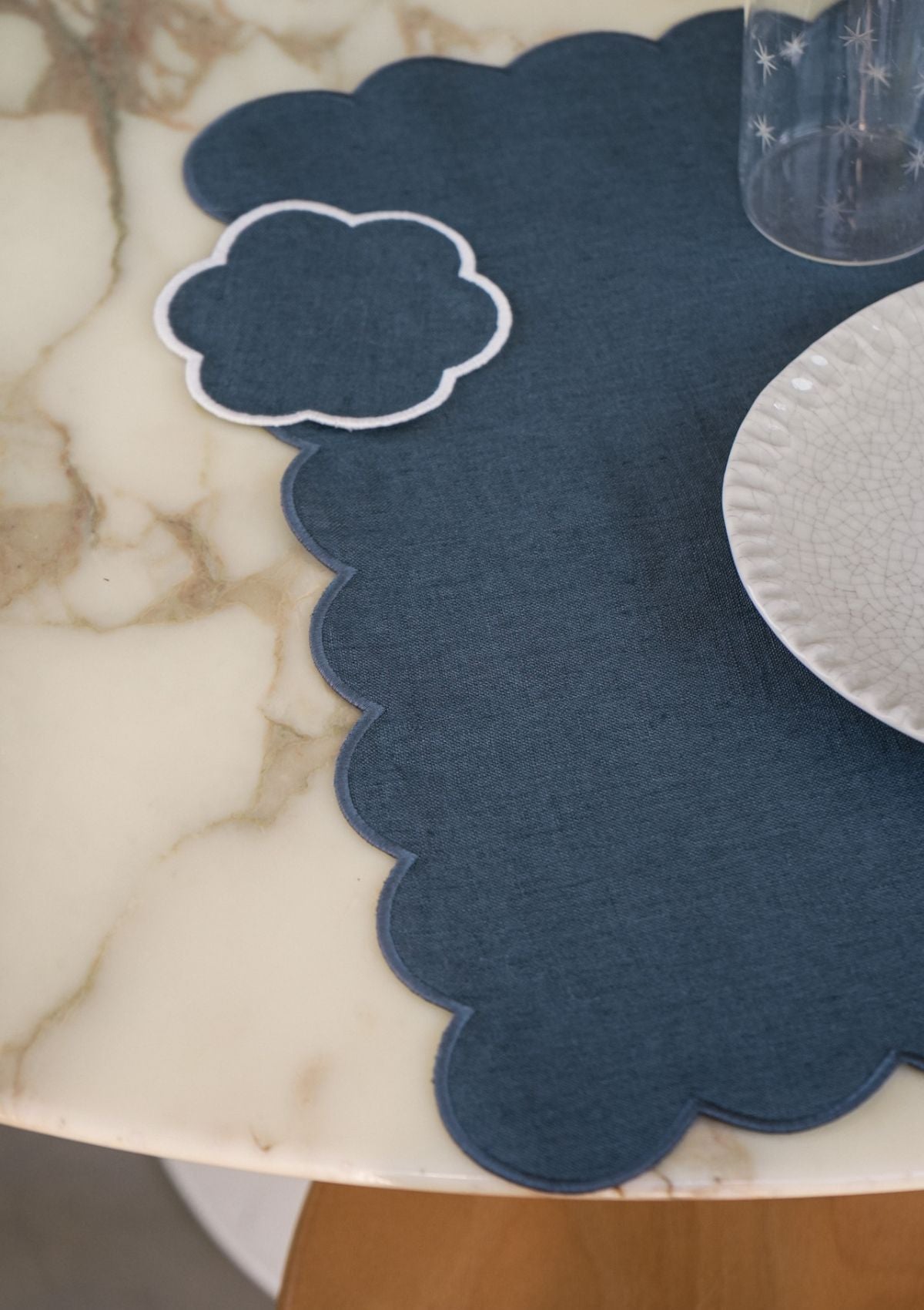 Scalloped Linen Coasters in Peacock Blue & White (Set of 4)