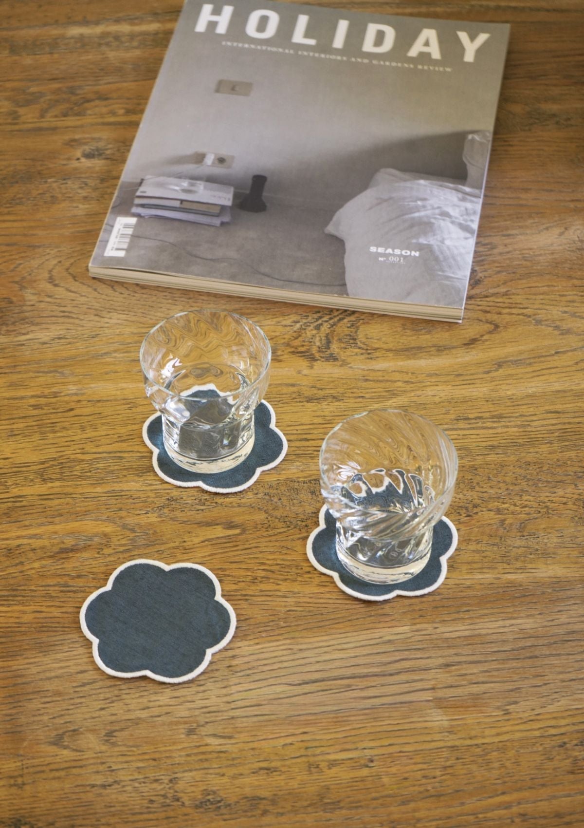 Scalloped Linen Coasters in Peacock Blue & White (Set of 4)