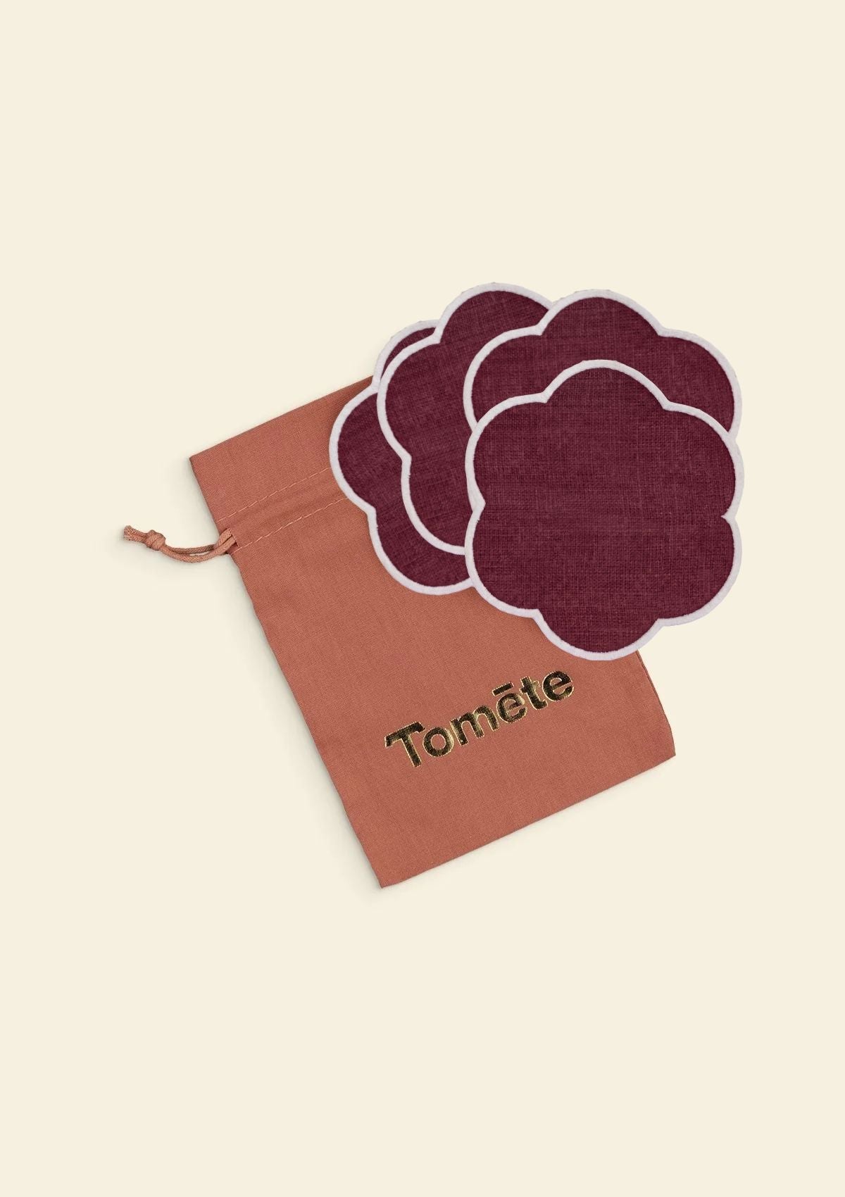 Scalloped Linen Coasters in Bordeaux & White (Set of 4)
