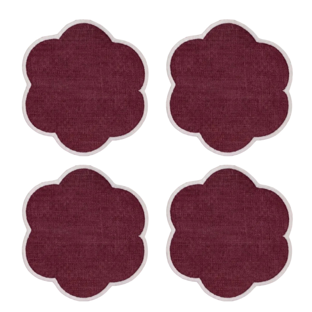 Scalloped Linen Coasters in Bordeaux & White (Set of 4)