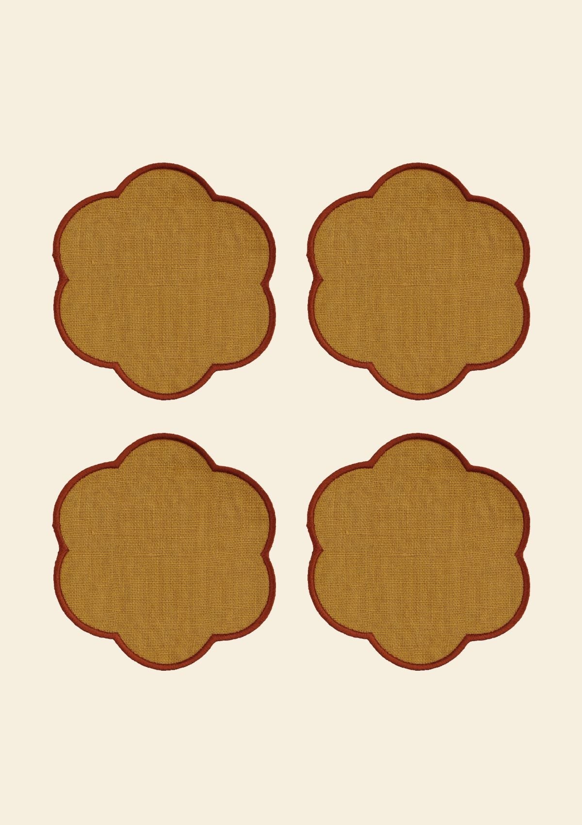 The Yellow and Red Ochre Linen Scalloped Coasters (Set of 4)