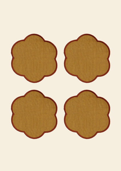 The Yellow and Red Ochre Linen Scalloped Coasters (Set of 4)