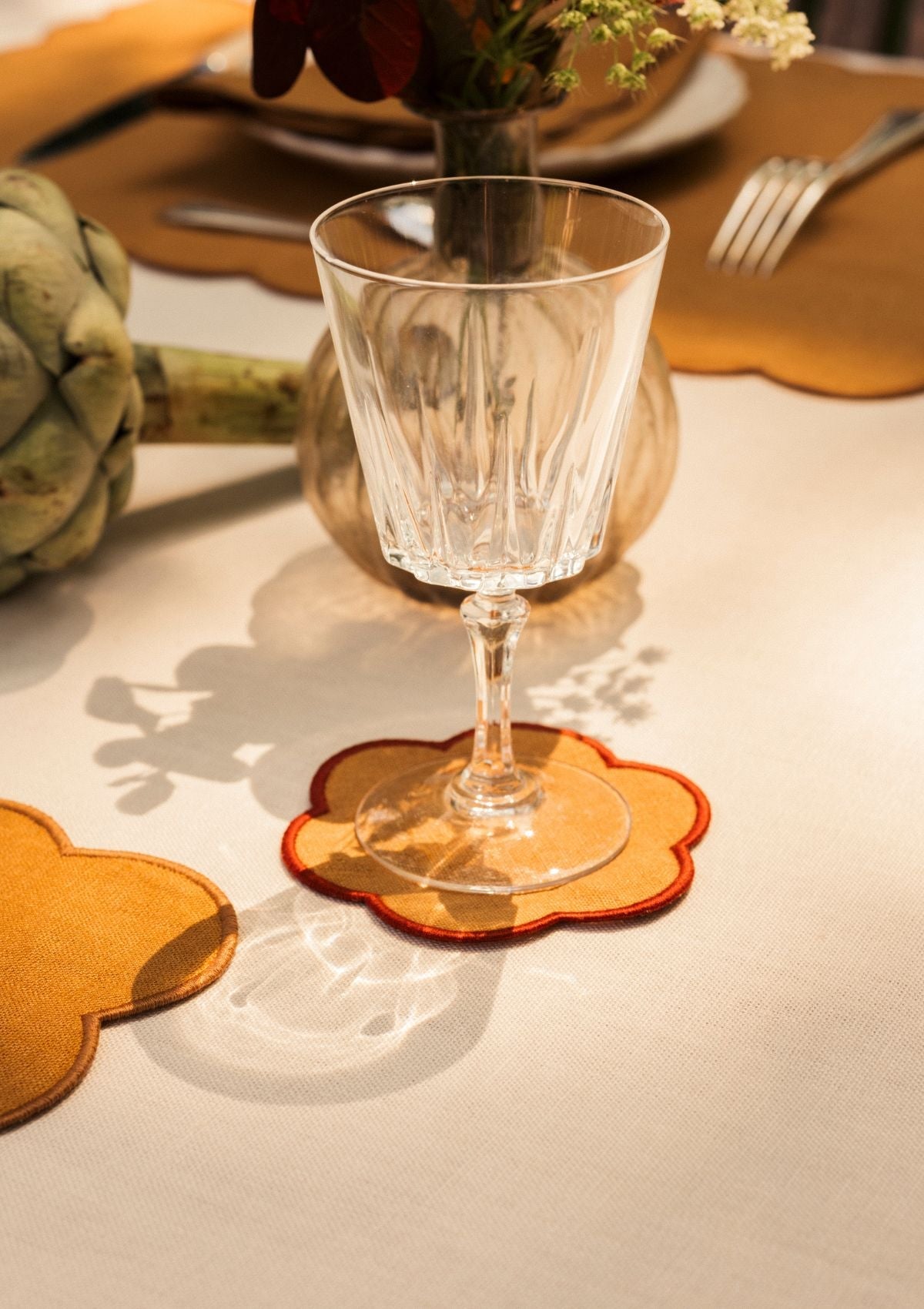 The Yellow and Red Ochre Linen Scalloped Coasters (Set of 4)