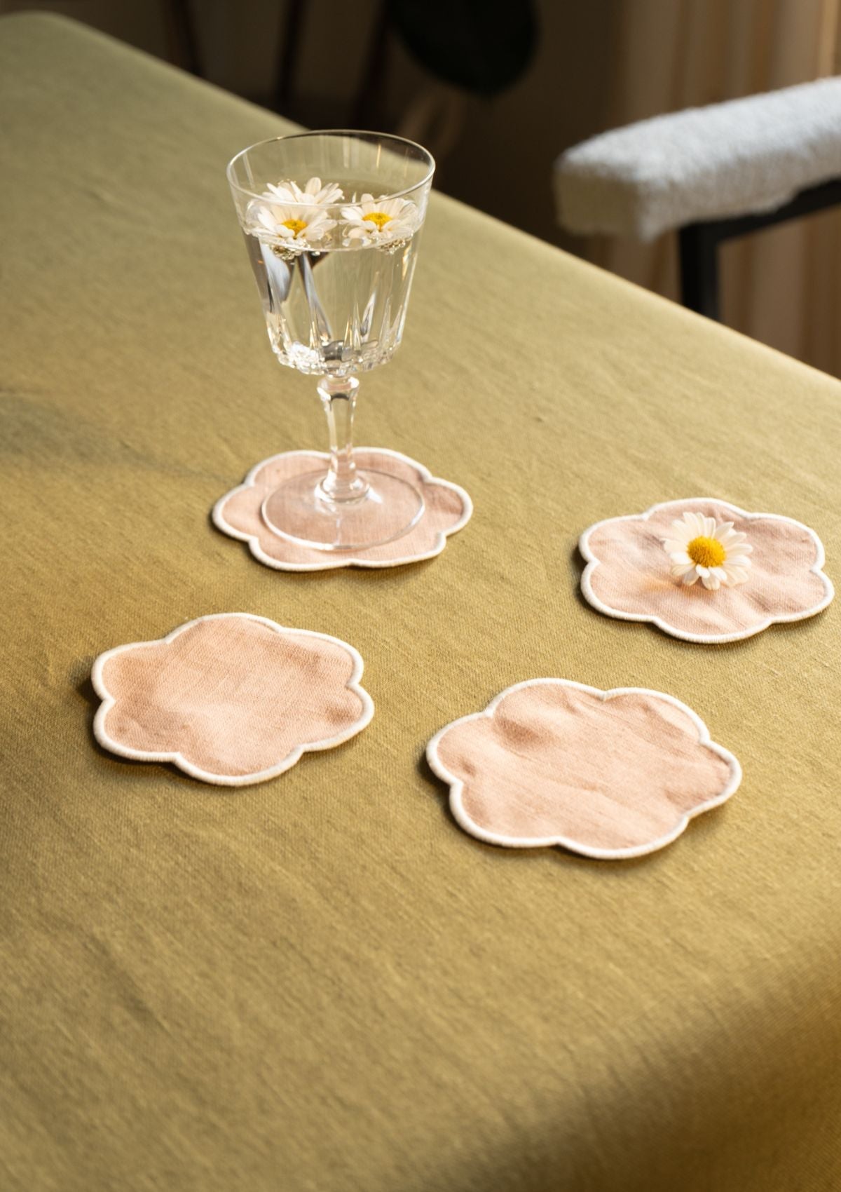 The Blushed Pink and White Linen Scalloped Coasters (Set of 4)