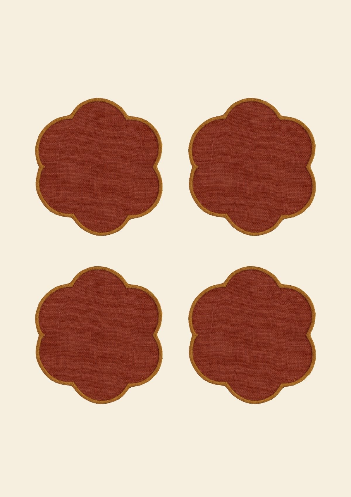 The Red and Yellow Ochre Linen Scalloped Coasters (Set of 4)