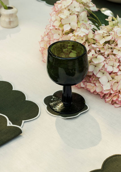 The Forest Green and White Linen Scalloped Coasters (Set of 4)