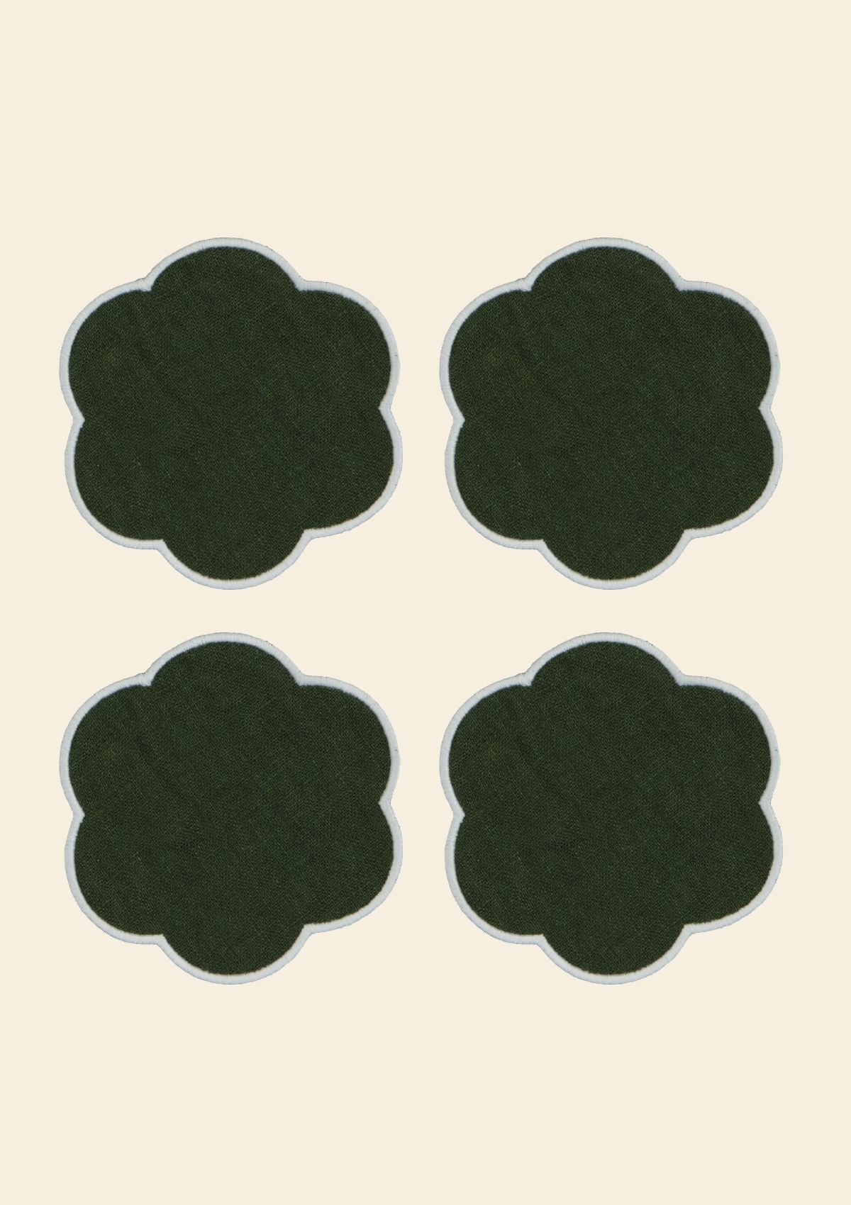The Forest Green and White Linen Scalloped Coasters (Set of 4)
