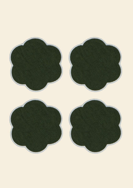 The Forest Green and White Linen Scalloped Coasters (Set of 4)