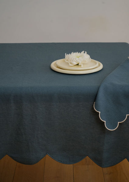 Scalloped Linen Tablecloth in Peacock Blue