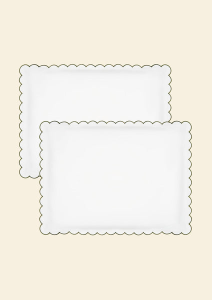 The Scalloped Pillowcases in White & Forest Green Cotton Percale (Set of 2)