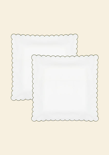 The Scalloped Pillowcases in White & Forest Green Cotton Percale (Set of 2)