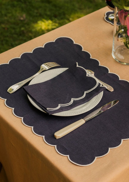 The Slate Blue and White Linen Scalloped Napkins (Set of 2)