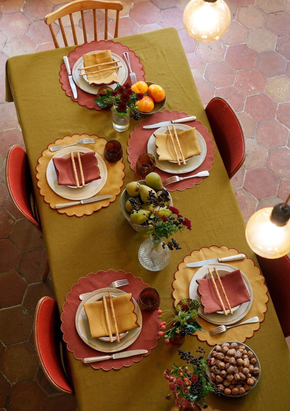 Scalloped Linen Napkins in Terracotta & Yellow Ochre (Set of 2)