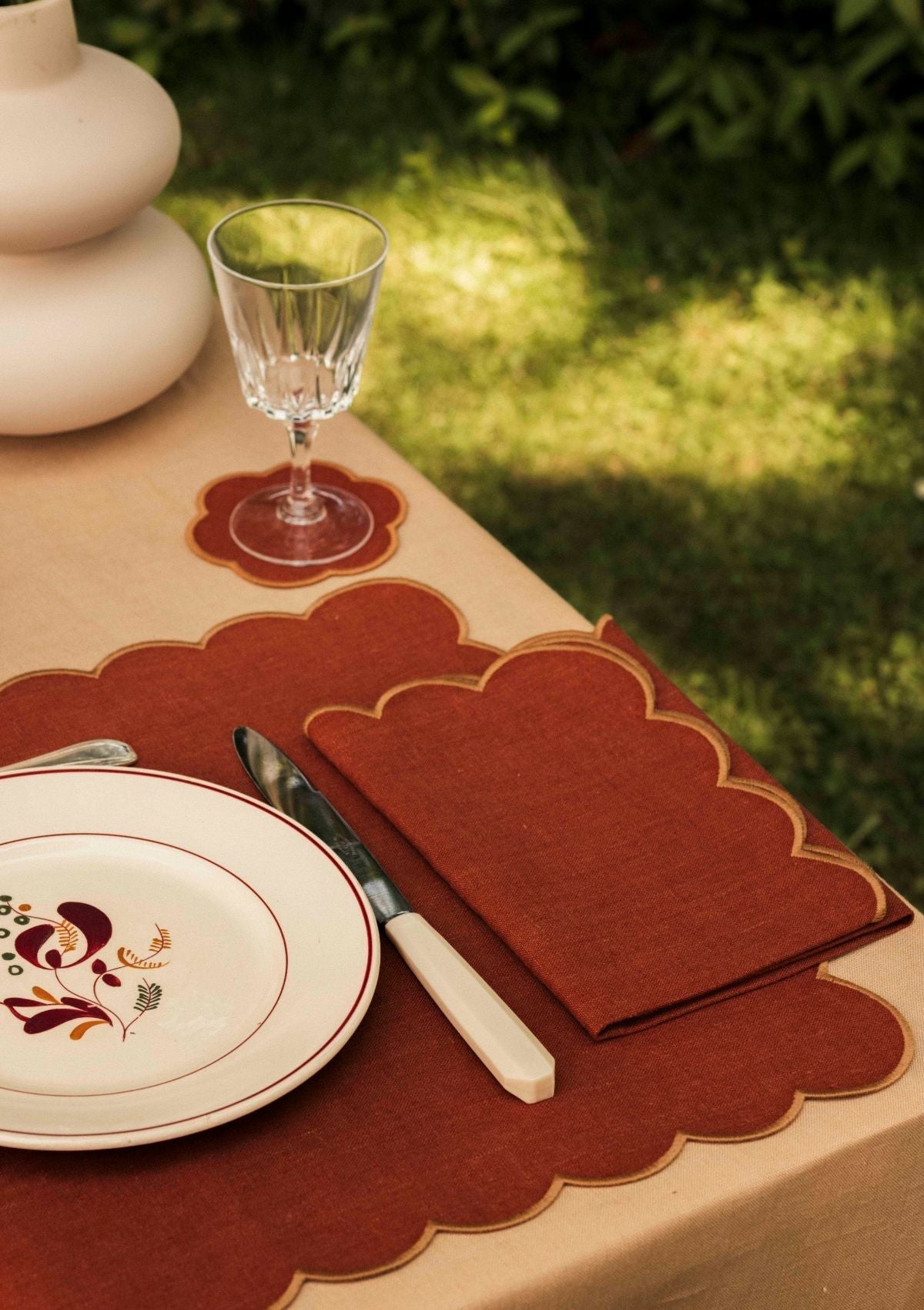 Scalloped Linen Napkins in Terracotta & Yellow Ochre (Set of 2)
