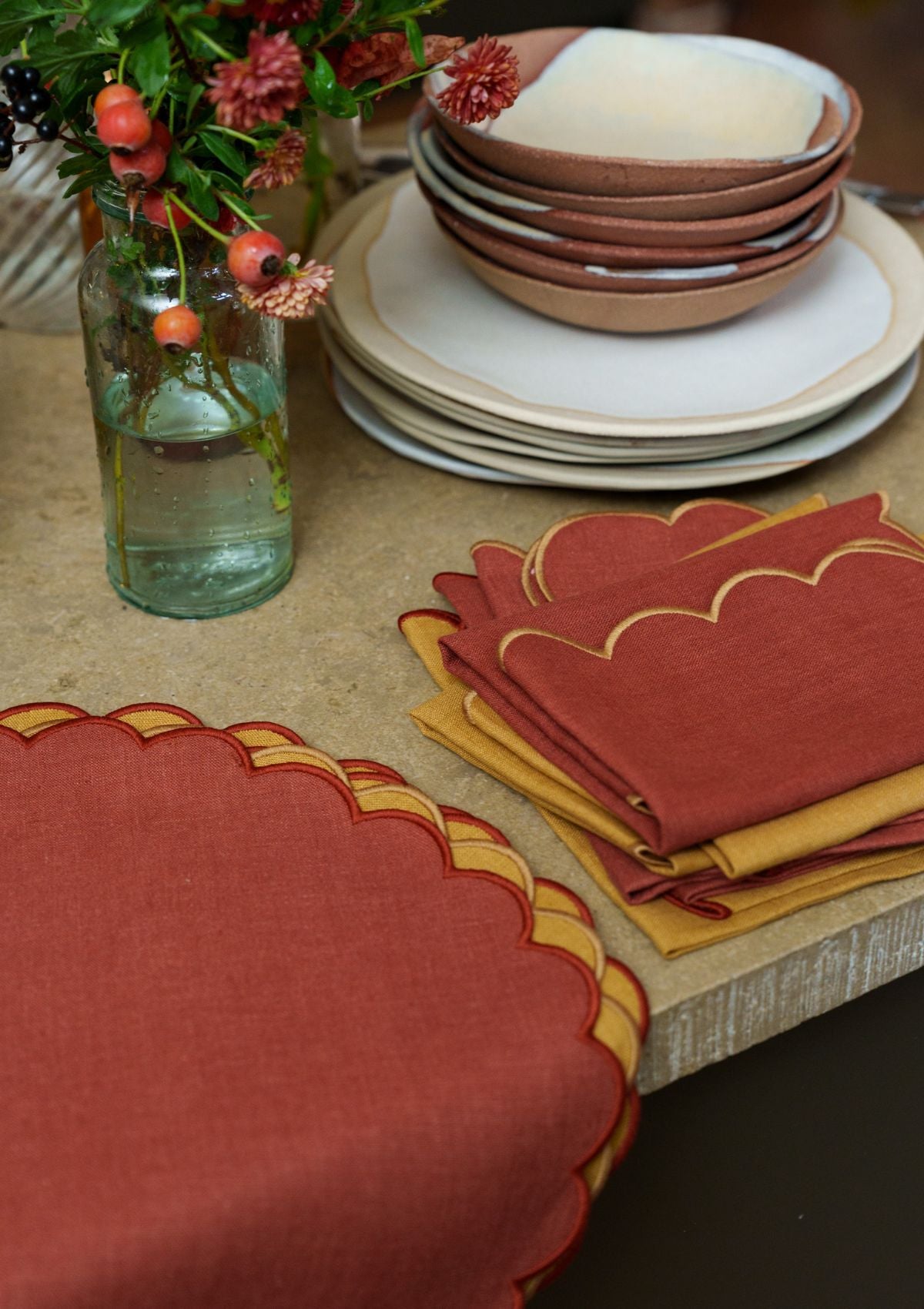 Scalloped Linen Napkins in Terracotta & Yellow Ochre (Set of 2)