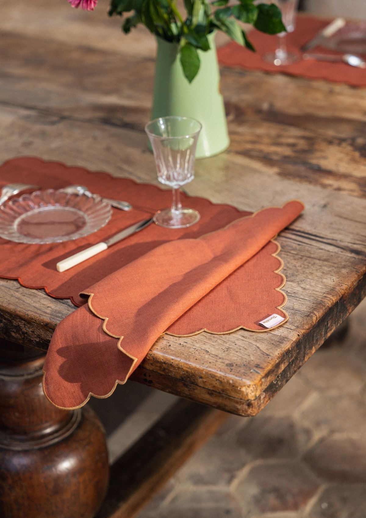 Scalloped Linen Napkins in Terracotta & Yellow Ochre (Set of 2)