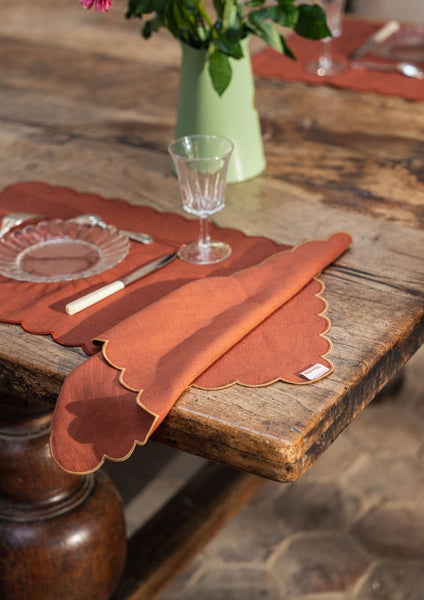 Scalloped Linen Napkins in Terracotta & Yellow Ochre (Set of 2)