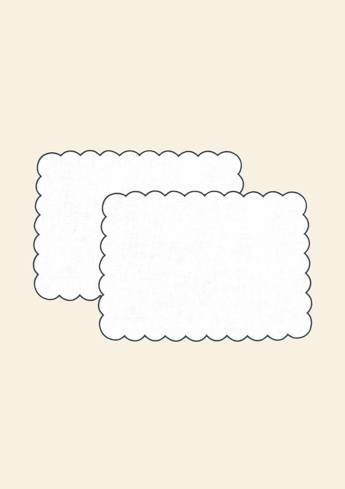 The White and Blue Slate Linen Scalloped Rectangular Placemats (Set of 2)
