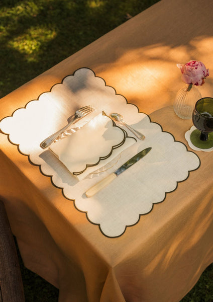 The White and Blue Slate Linen Scalloped Rectangular Placemats (Set of 2)