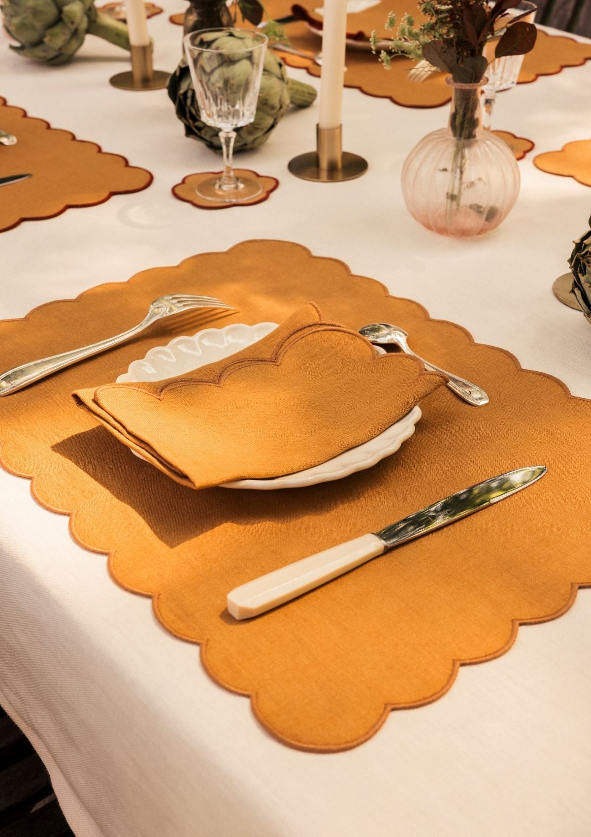 The Yellow Ochre Linen Scalloped Rectangular Placemats (Set of 2)