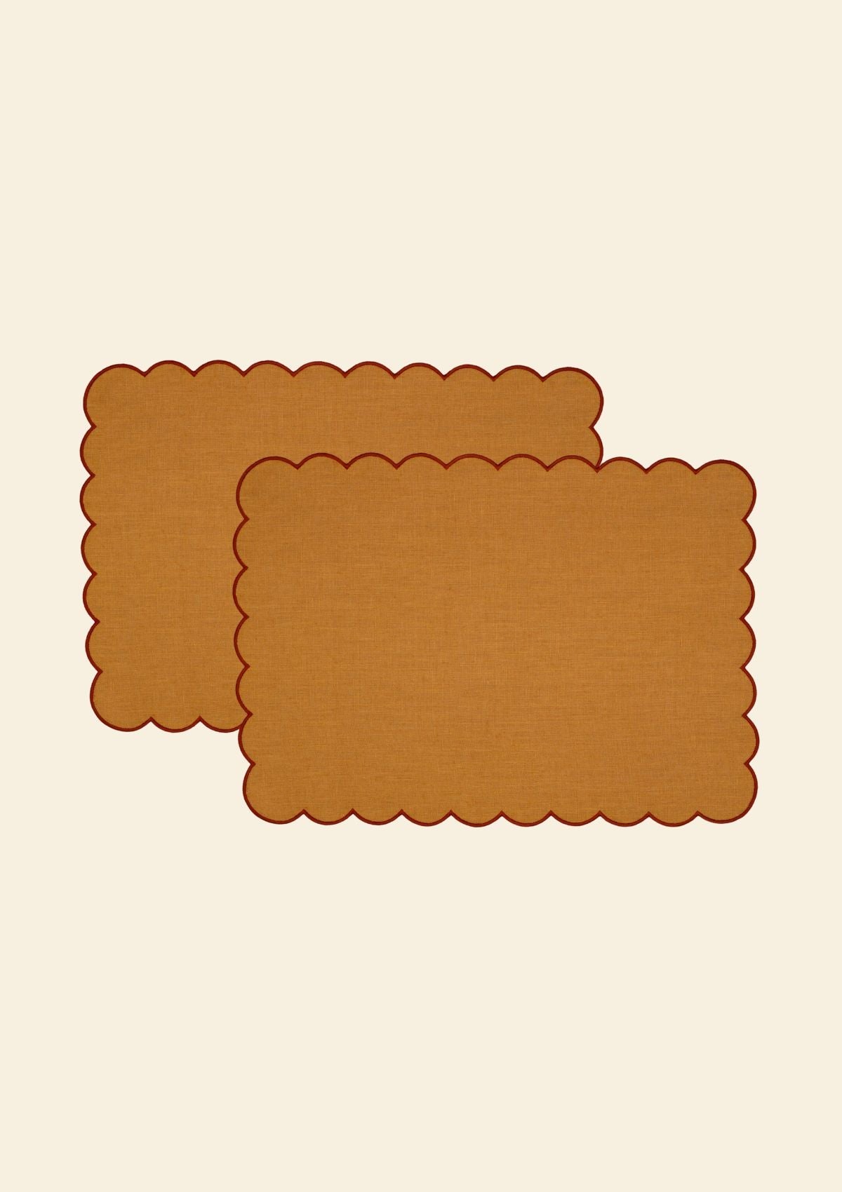 The Yellow and Red Ochre Linen Scalloped Rectangular Placemats (Set of 2)
