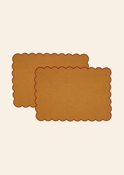 The Yellow and Red Ochre Linen Scalloped Rectangular Placemats (Set of 2)