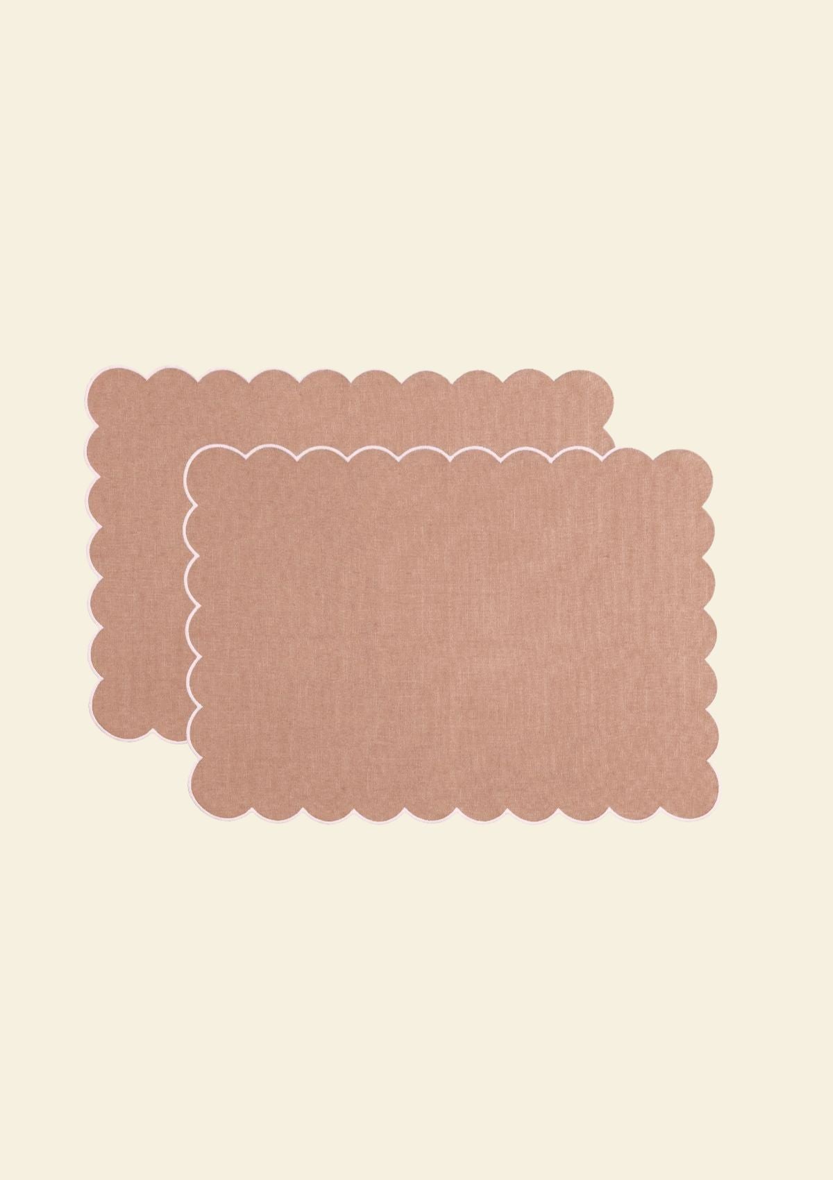 The Blushed Pink and White Linen Scalloped Rectangular Placemats (Set of 2)