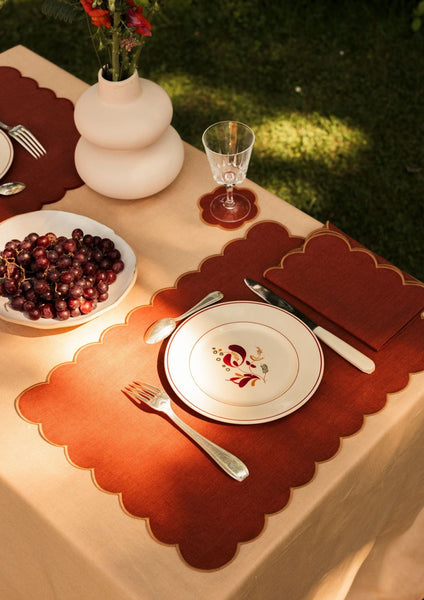 The Red and Yellow Ochre Linen Scalloped Rectangular Placemats (Set of 2)