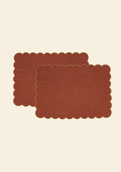 The Red and Yellow Ochre Linen Scalloped Rectangular Placemats (Set of 2)