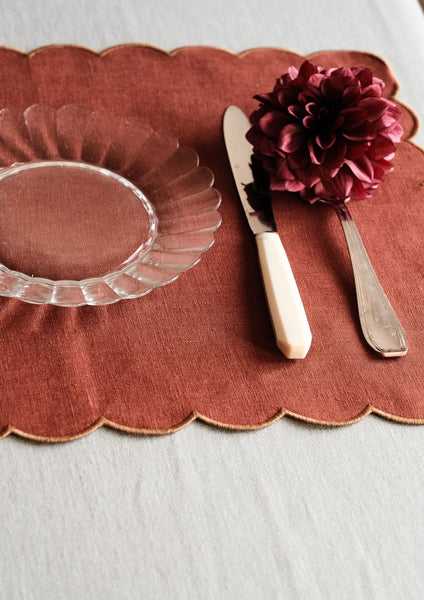 The Red and Yellow Ochre Linen Scalloped Rectangular Placemats (Set of 2)
