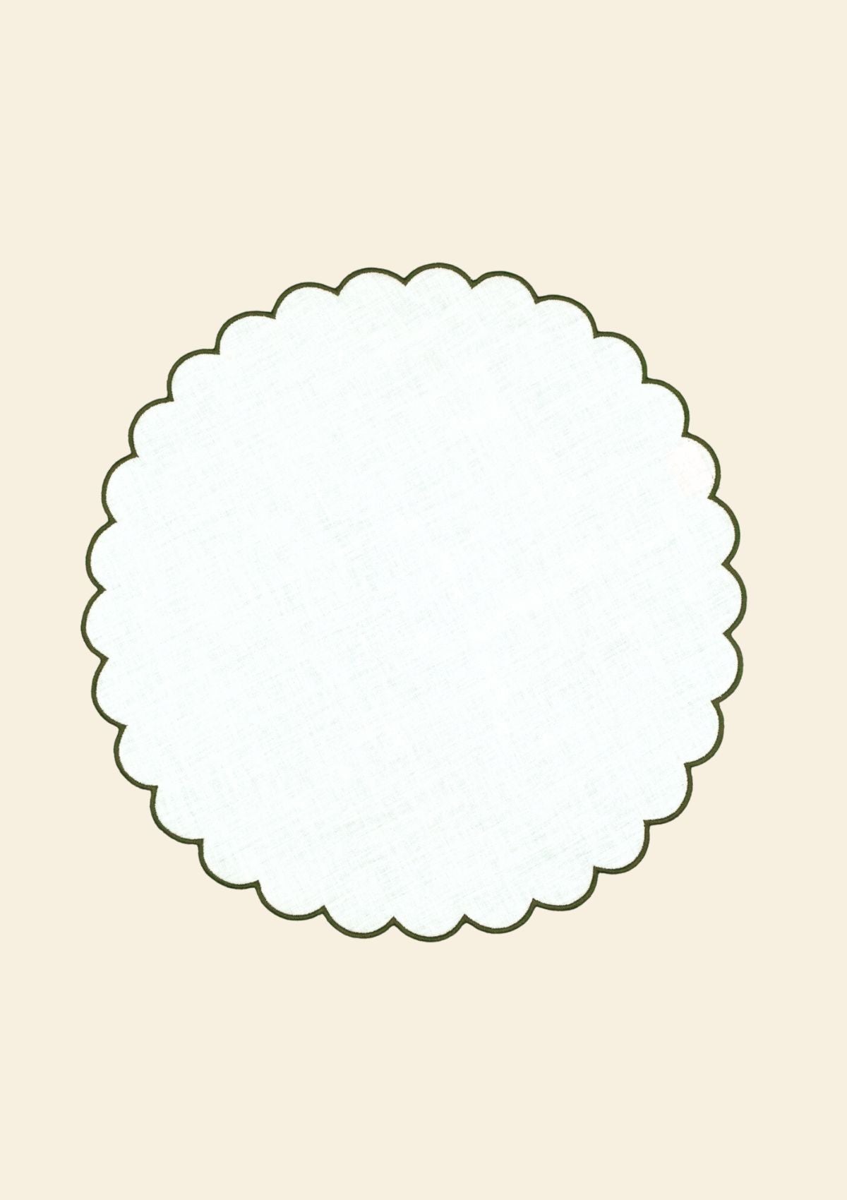 The White and Forest Green Linen Scalloped Round Placemats (Set of 2)