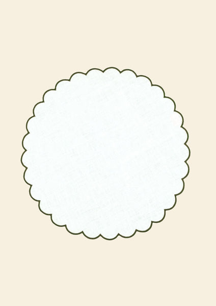 The White and Forest Green Linen Scalloped Round Placemats (Set of 2)