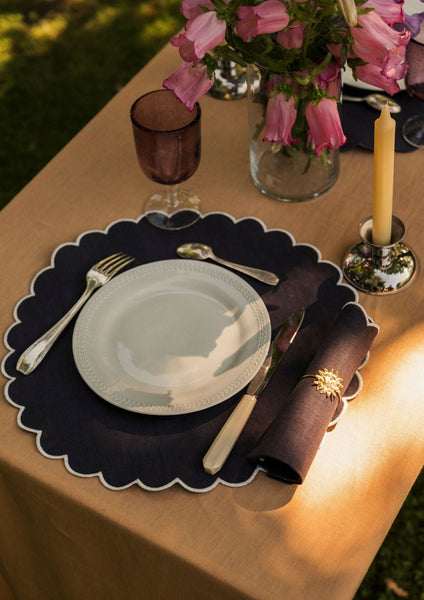 The Slate Blue and White Linen Scalloped Round Placemats (Set of 2)