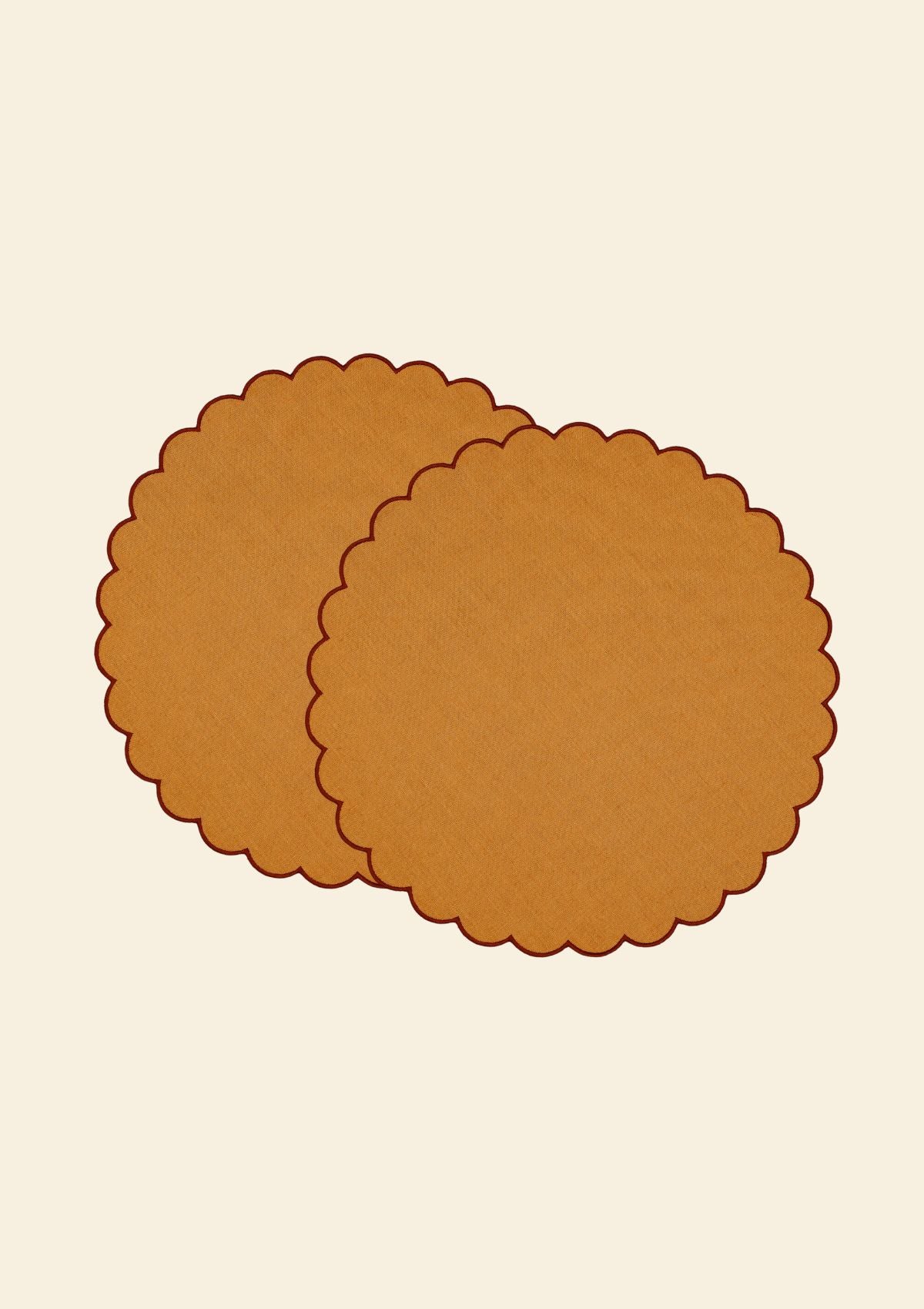 The Yellow and Red Ochre Linen Scalloped Round Placemats (Set of 2)