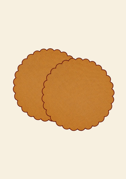 The Yellow and Red Ochre Linen Scalloped Round Placemats (Set of 2)