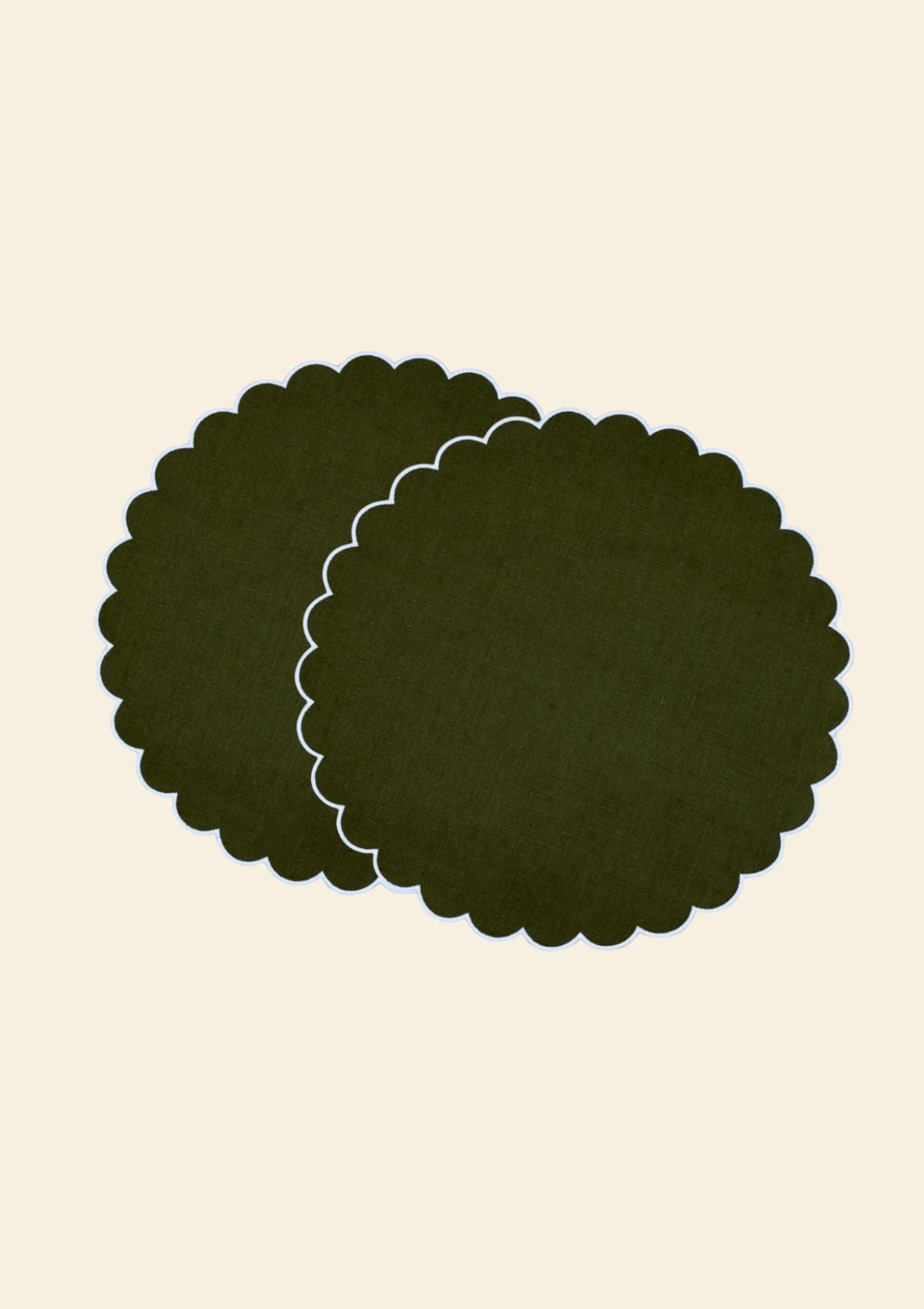 The Forest Green and White Linen Scalloped Round Placemats (Set of 2)
