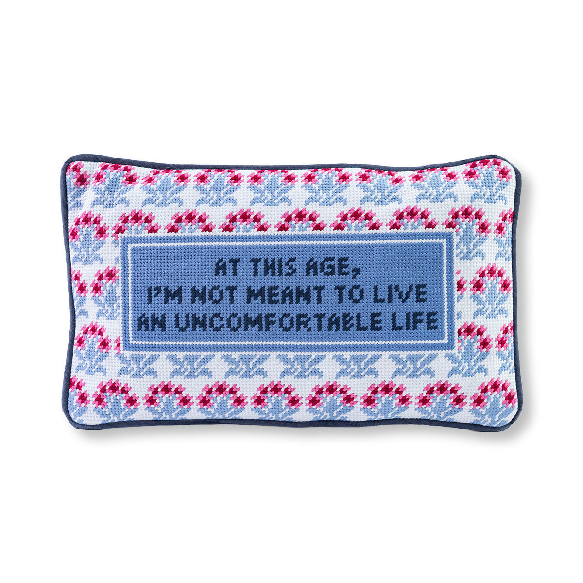 Decorative pillow with text and pattern on a white background
