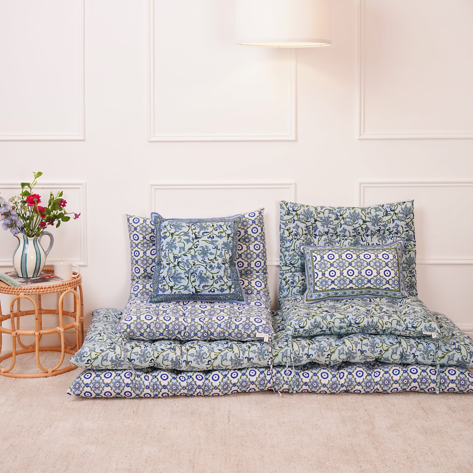 block printed mattresses and seat pads in floral and geometric prints