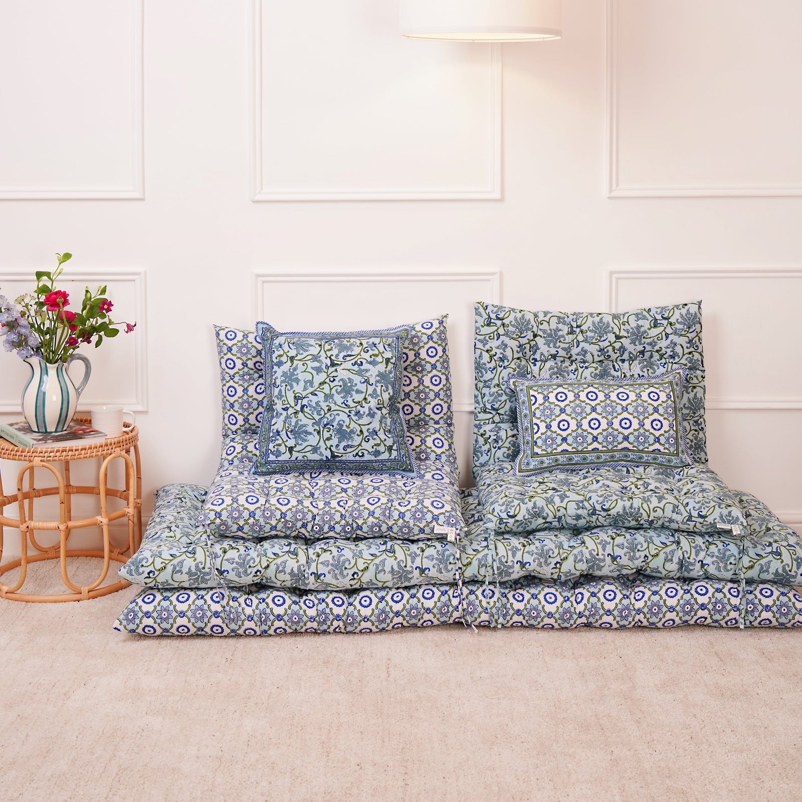 Block printed floral and geometric print seat pads and mattresses