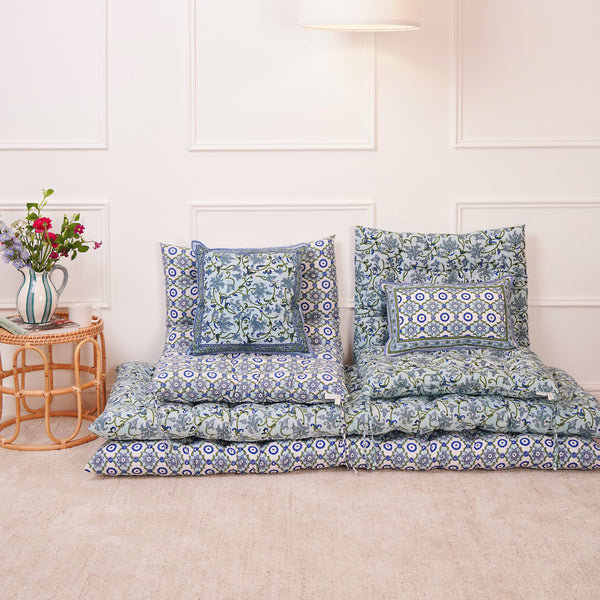 Block printed floral and geometric print seat pads and mattresses