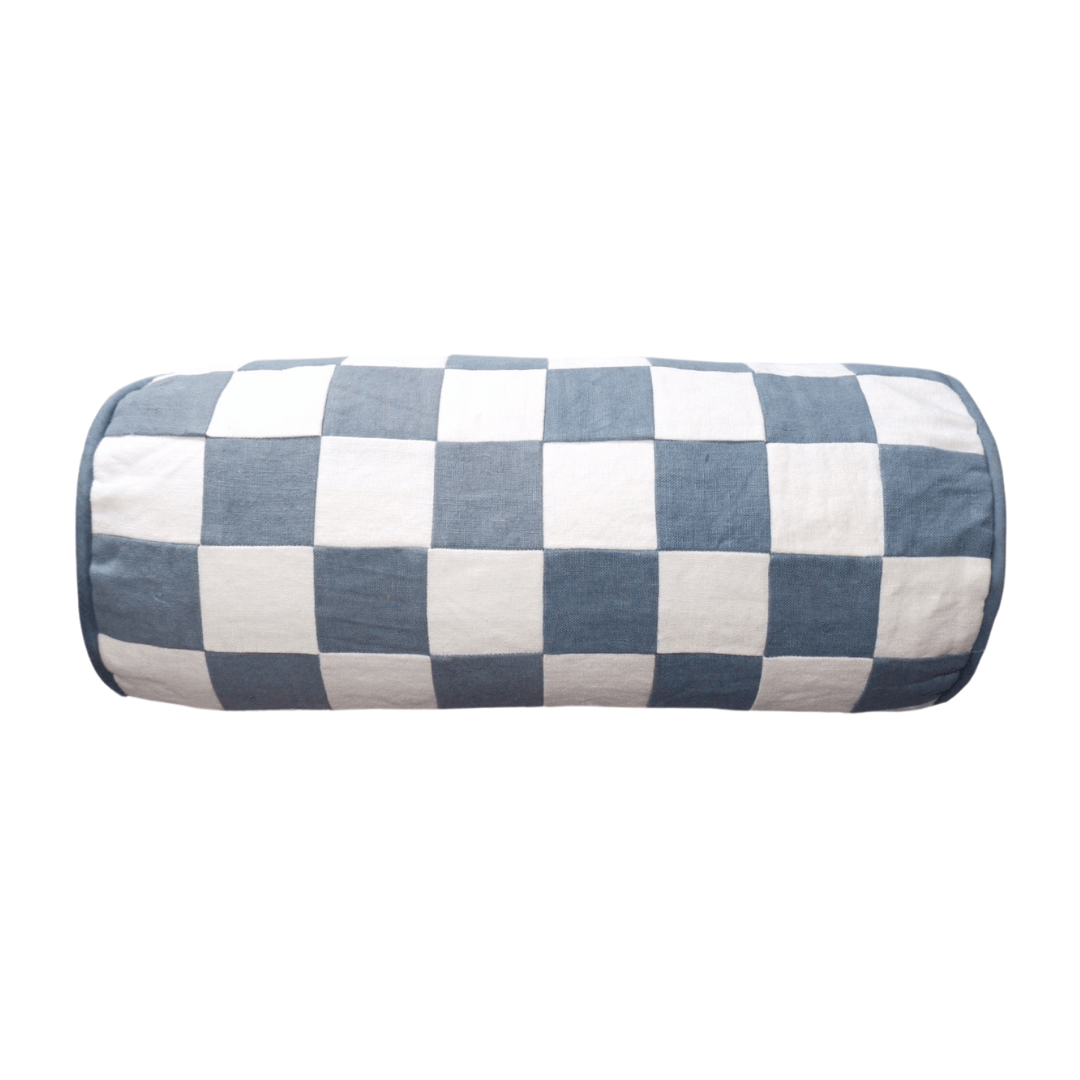 Chequered Bolster Cushion in Blue