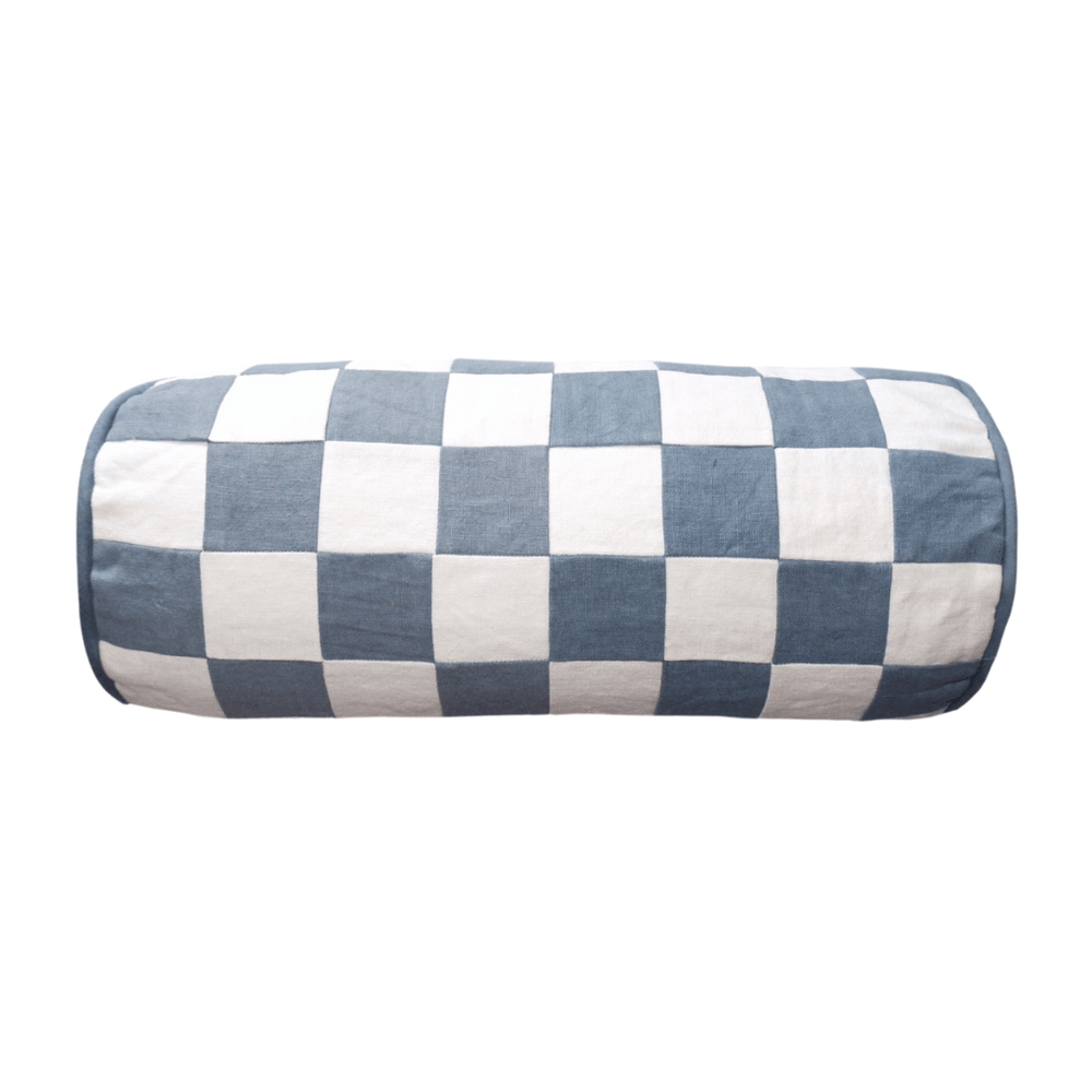 Chequered Bolster Cushion in Blue