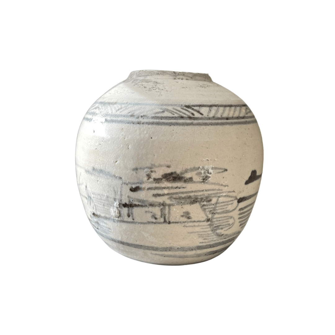 Round White Japanese Style Vase with Black Detailing