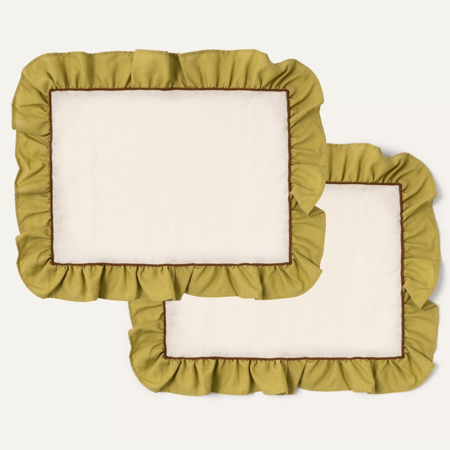 Placemats Set (2), Ruffle, Ivory/Green