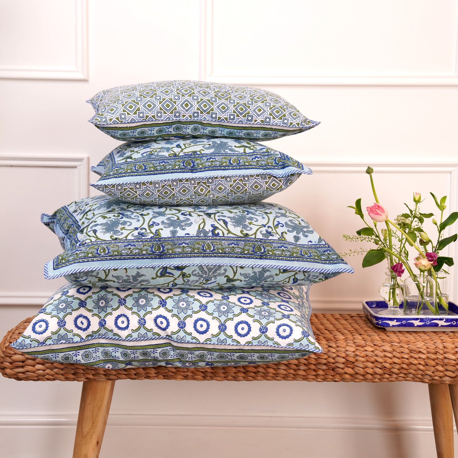 Block printed Jheel Cushion Covers in botanical and geometric designs