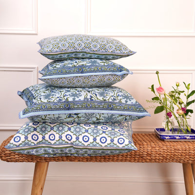 Block printed Jheel Cushion Covers in botanical and geometric designs