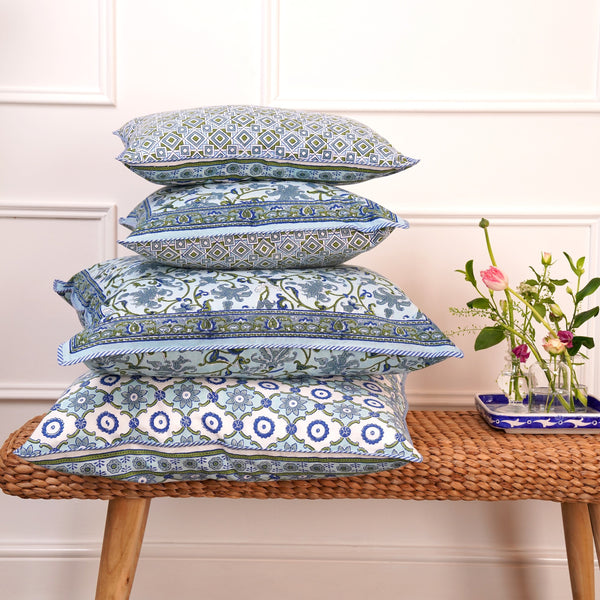 Block printed Jheel Cushion Covers in botanical and geometric designs