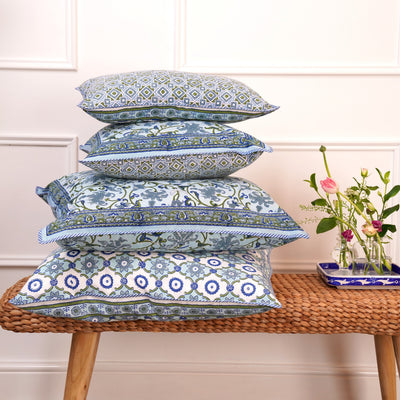 Block printed Jheel Cushion Covers in botanical and geometric designs