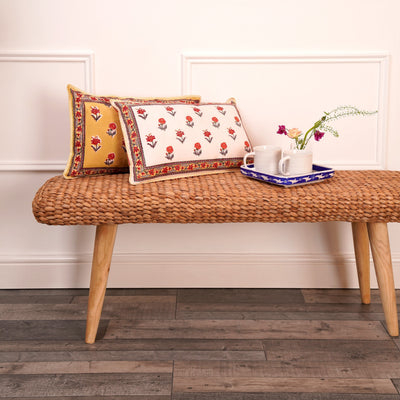 Block printed rectangular Roja Cushion Cover in floral yellows and reds